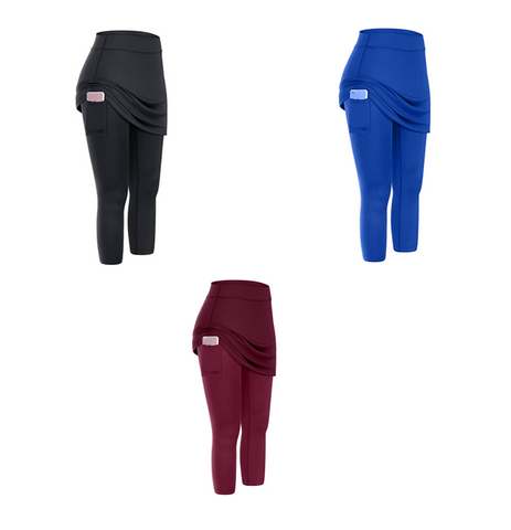 Women Tennis Skirted Leggings Pockets Elastic Sports Yoga Capris Skirts Legging