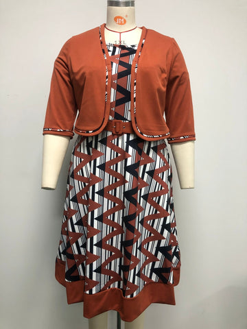 African Plus Size Women'S New Printed Jacket And Two-Piece Dress