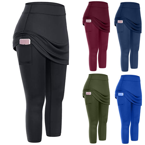 Women Tennis Skirted Leggings Pockets Elastic Sports Yoga Capris Skirts Legging