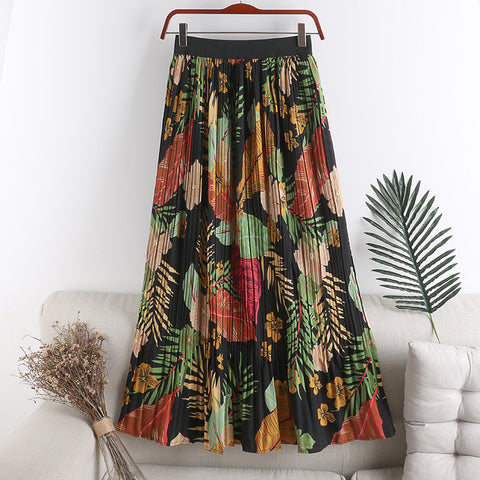 Floral Floral Skirt Female High Waist Slimming A-line Chiffon Printed Pleated Skirt Mid-length