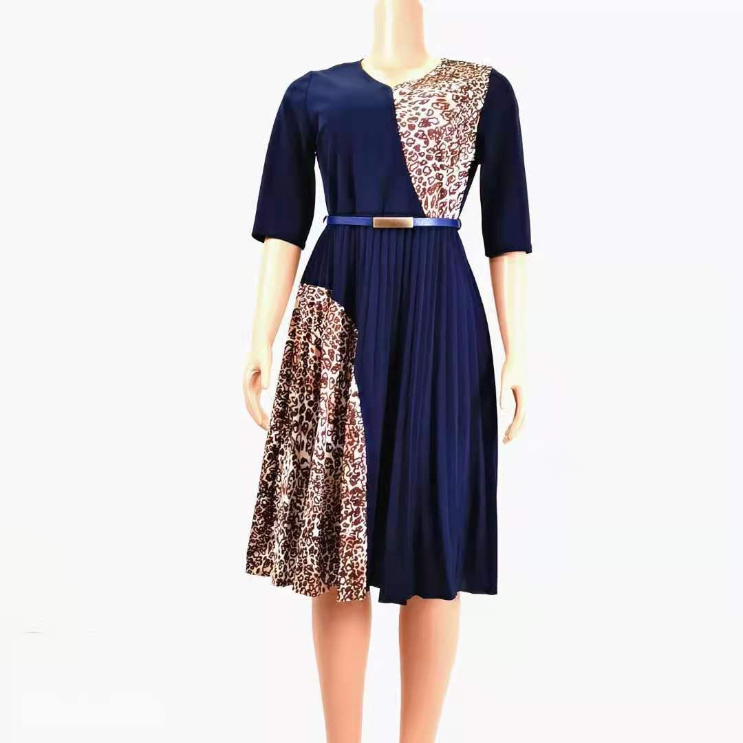 V-neck Short-sleeved Leopard Print Mid-length Waist Dress Women