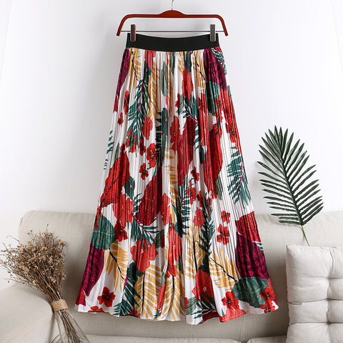 Floral Floral Skirt Female High Waist Slimming A-line Chiffon Printed Pleated Skirt Mid-length