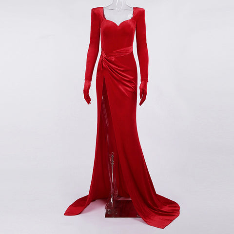 Elegant Velvet Slash Neck Long Sleeve With Gloves Bandage Evening Party Club Floor Length Dress