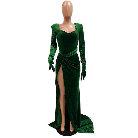 Elegant Velvet Slash Neck Long Sleeve With Gloves Bandage Evening Party Club Floor Length Dress